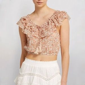 LoveShackFancy Dorin Cropped Floral-Print Ruffled Cotton-Voile Blouse To…